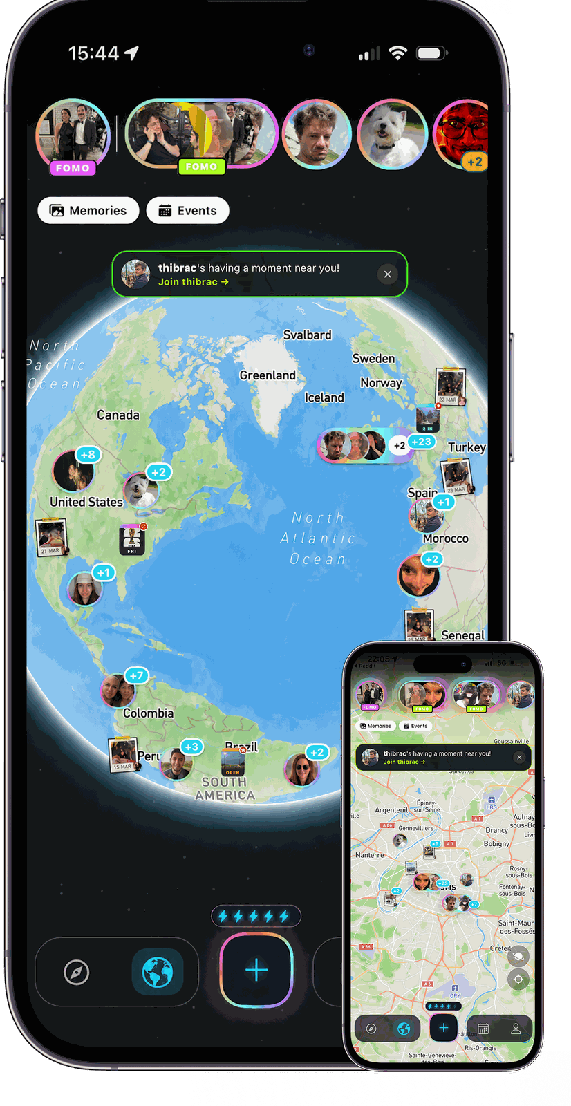 The Fomo map: friends' Moments pinned across a globe, with a banner inviting you to join a friend having a moment near you